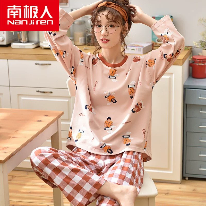 Đồ ngủ nữ Hàn Quốc Nam Cực mùa xuân và mùa thu Bộ đồ ngủ nữ dài tay hai mảnh cotton mùa thu đông có thể mặc dịch vụ tại nhà - Bộ Pajama