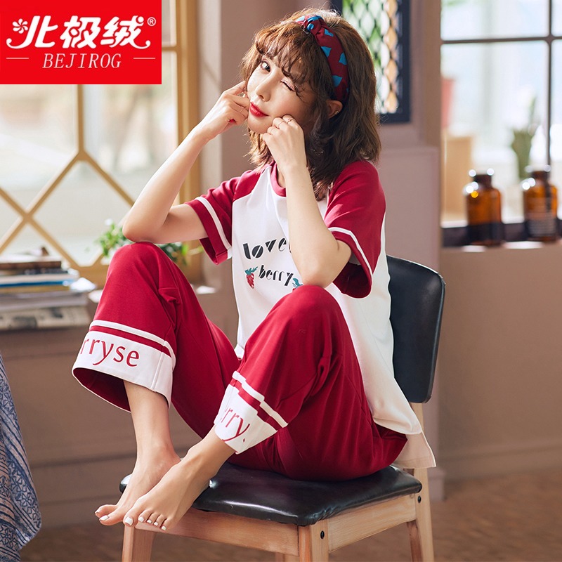 Arctic velvet pajamas women's spring and autumn pure cotton short-sleeved trousers Korean version of summer women's cotton set can be worn outside home clothes
