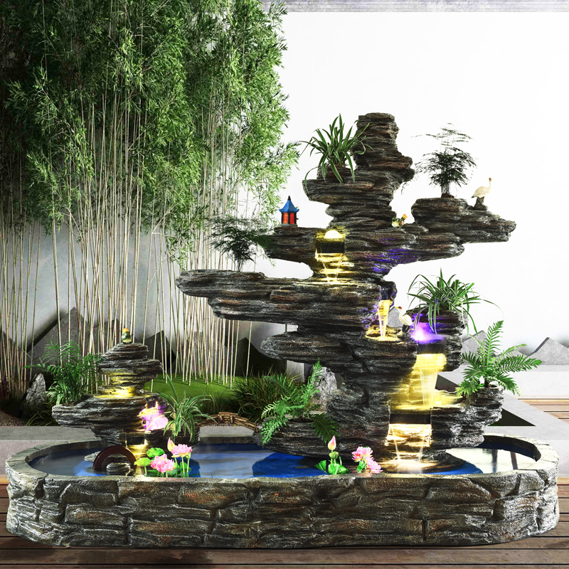 Baotan Large Fake Mountain Water Fountain Fitness Battery Fish Pool Indoor Outdoor Garden View
