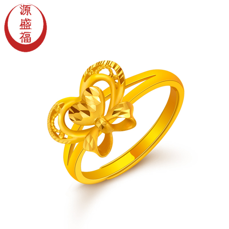 Source Sheng Fu New 999 Foot Gold Boutique Heart-shaped Butterfly Knot Gold Ring Women's Fashion Living Mouth Adjustable