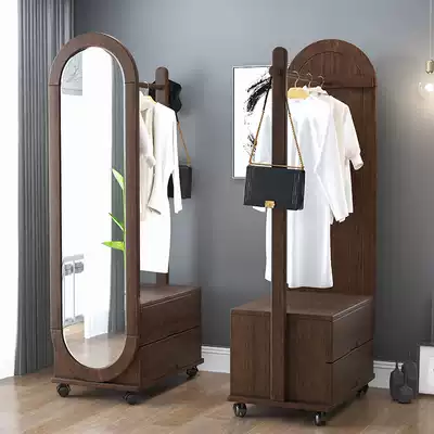 Solid wood coat rack multi-function hanger new Chinese full-length mirror clothes rack with mirror household wooden hanger