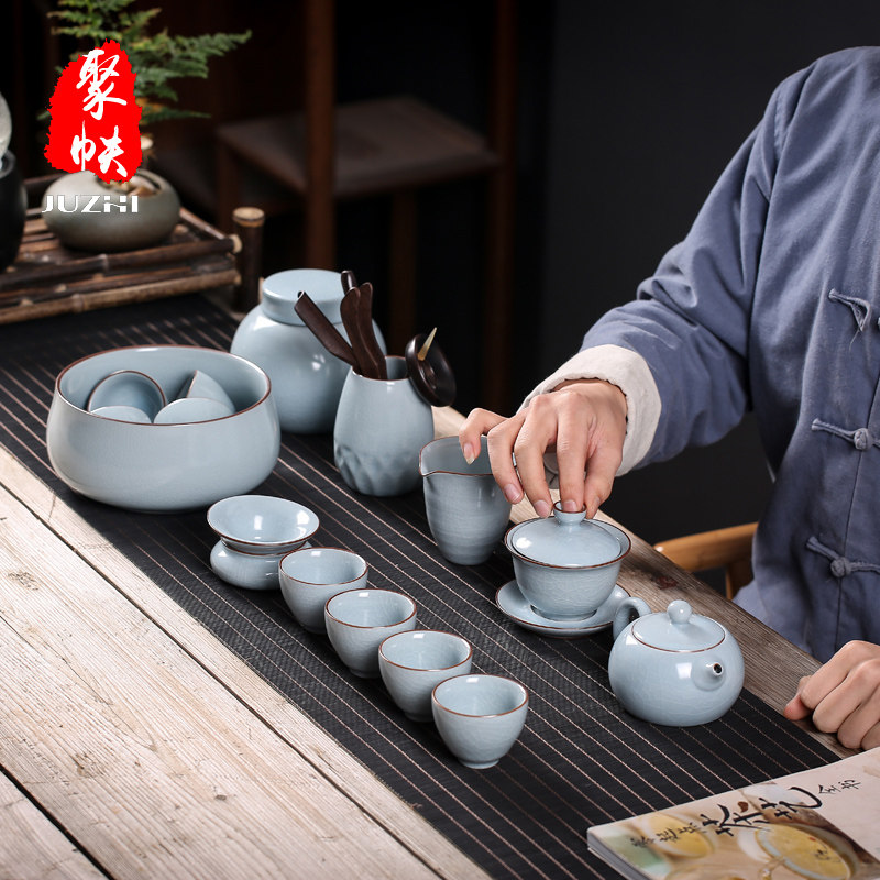 Juzhi Ru Kiln Gongfu Tea Set Household Ceramic Chinese Teapot Teapot Teacup Covered bowl Tea making set Gift box set
