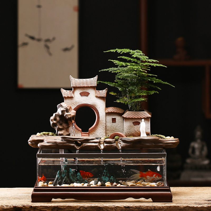 Creative water device ornaments ceramic feng shui lucky waterfall fish tank living room office desktop decoration opening gift