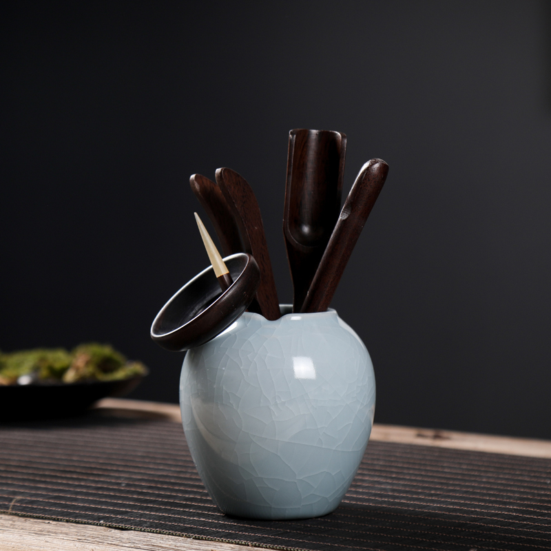 Black Sandalwood Solid Wood Tea Road Six Gentlemen Suit Ceramic Ru Kiln Tea Cylinder Korn Tea Accessories Large Full Tea Clip Teaspoon Teaspoon