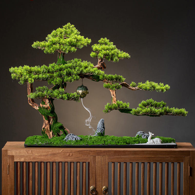 Chinese style emulation greets the guest pine maple leaf furnishings bonsai green plant household living room office model desktop adornment