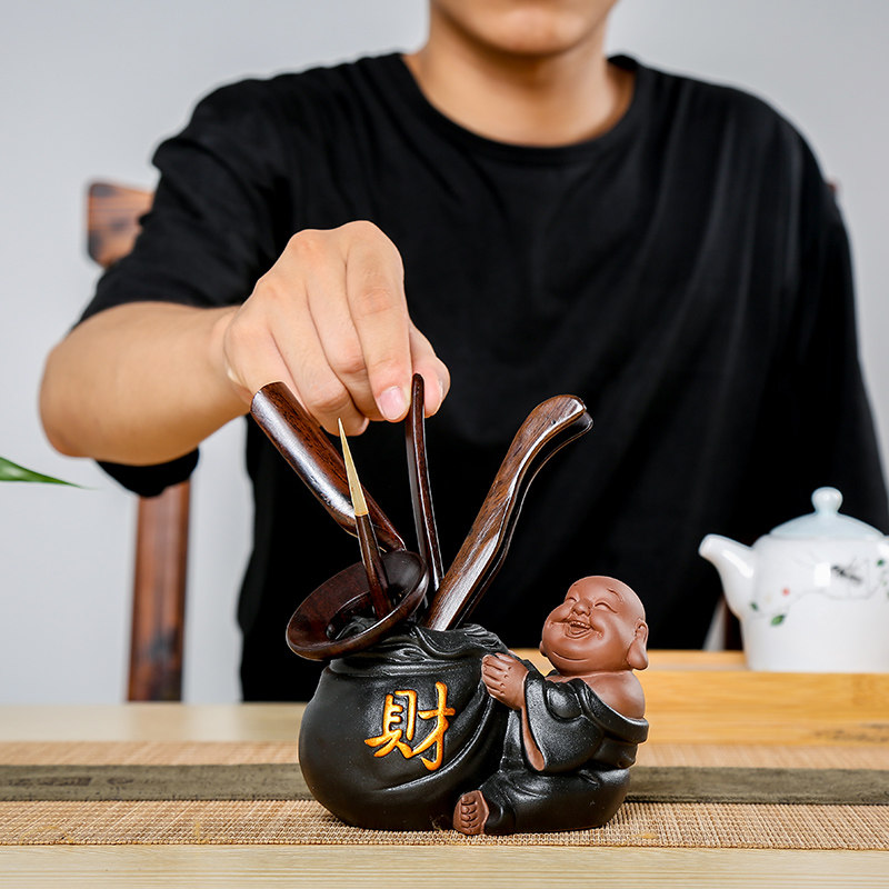 Kung Fu tea set accessories Daquan ebony solid wood tea ceremony six gentlemen set lucky Maitreya tea pet tea clip tea spoon