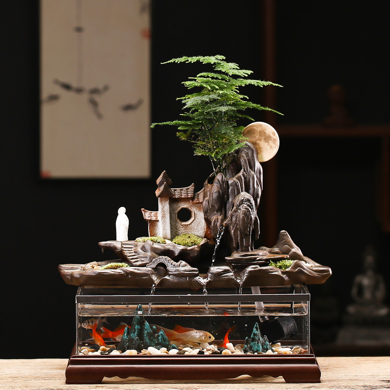 Creative living room running water humidifier ornaments Ceramic rockery fish tank Feng Shui lucky entrance decoration Opening gift