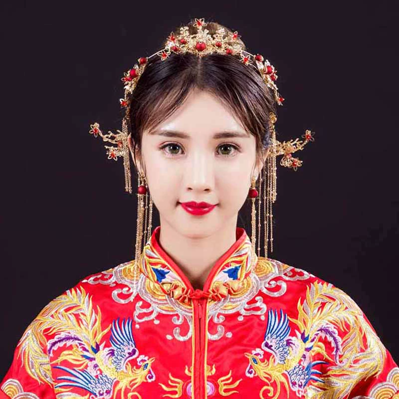 Xiuhe quần áo mũ năm 2020 trang phục mới mũ cưới cô dâu Trung Quốc tua đỏ phụ kiện tóc bộ quà tặng phụ kiện - Phụ kiện tóc
