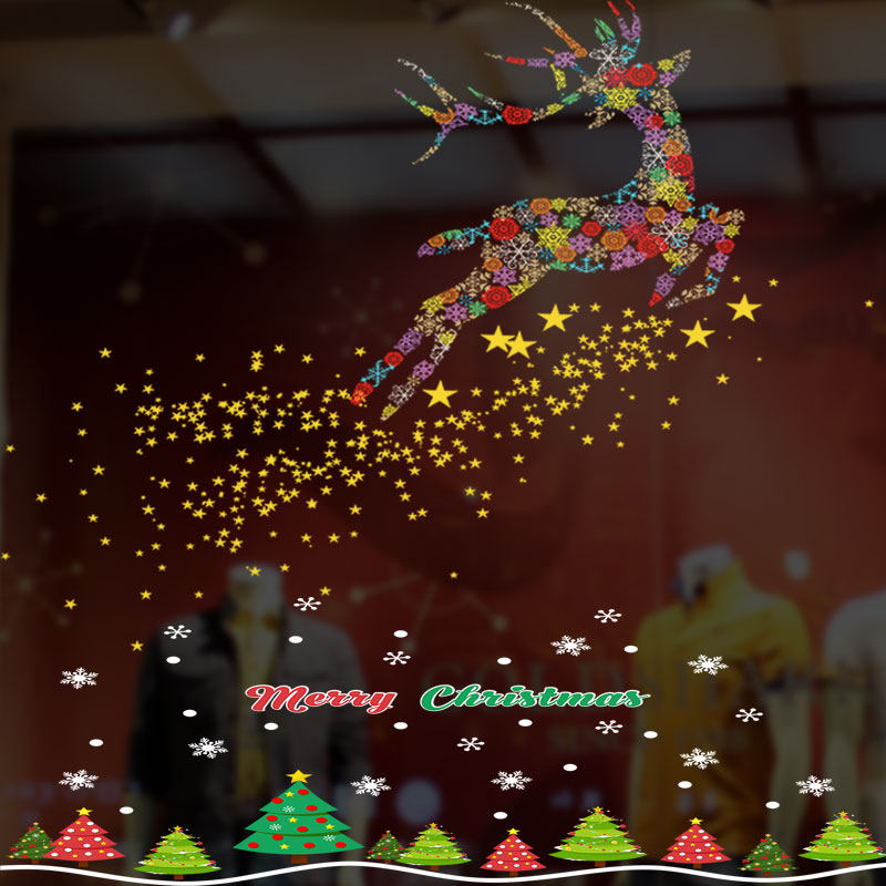 Christmas electrostatic stickers shopping mall window decoration glass door stickers old snowflakes flying deer window stickers scene layout window decorations
