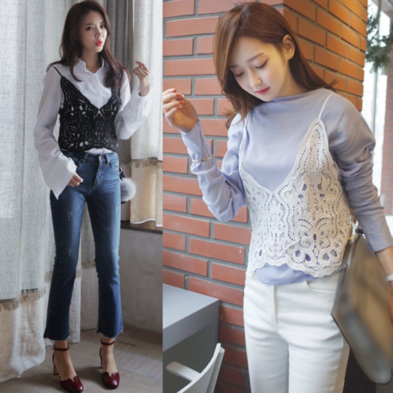 Áo vest ren bên ngoài nữ ngắn mặc áo cánh rỗng nữ cao eo nhỏ quai ngang cổ chữ V quấn áo ngực mùa thu