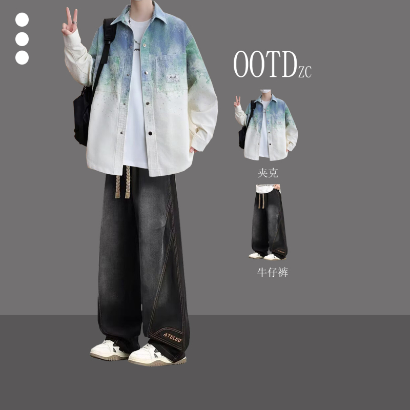 Youth Spring Shirt Set, Tie-Dye Jacket, Jeans Two-Piece Set, Trendy Men's Fashion Outfit