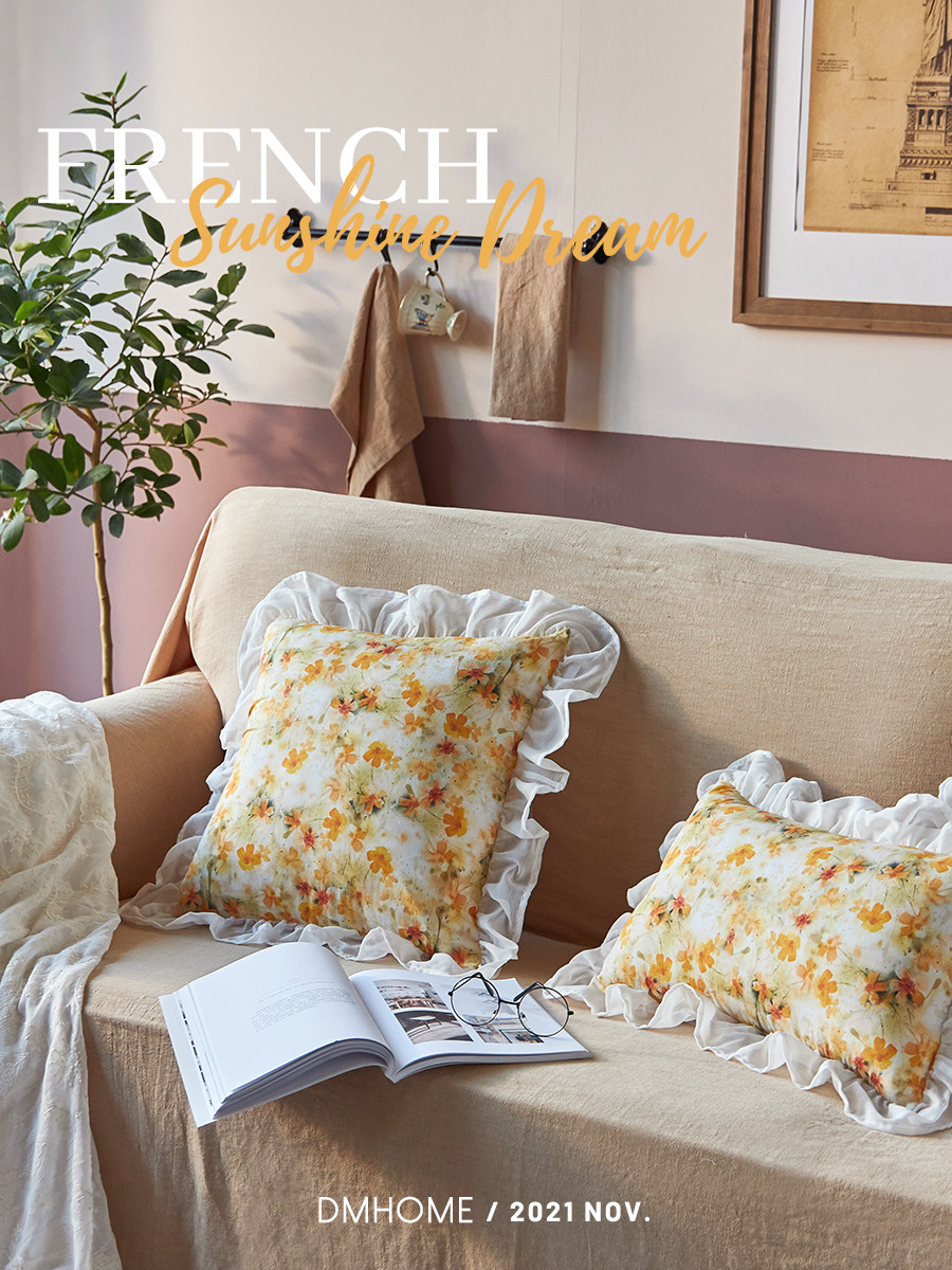 American cotton and linen pastoral ins square pillow waist pillow French European lace pillow sofa backrest bedroom bedside cushion