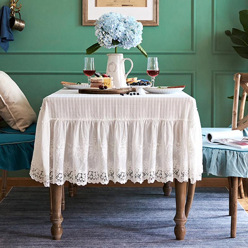 Lace tablecloth high-end ins style tablecloth rectangular white Nordic cotton and linen tablecloth American coffee table tablecloth