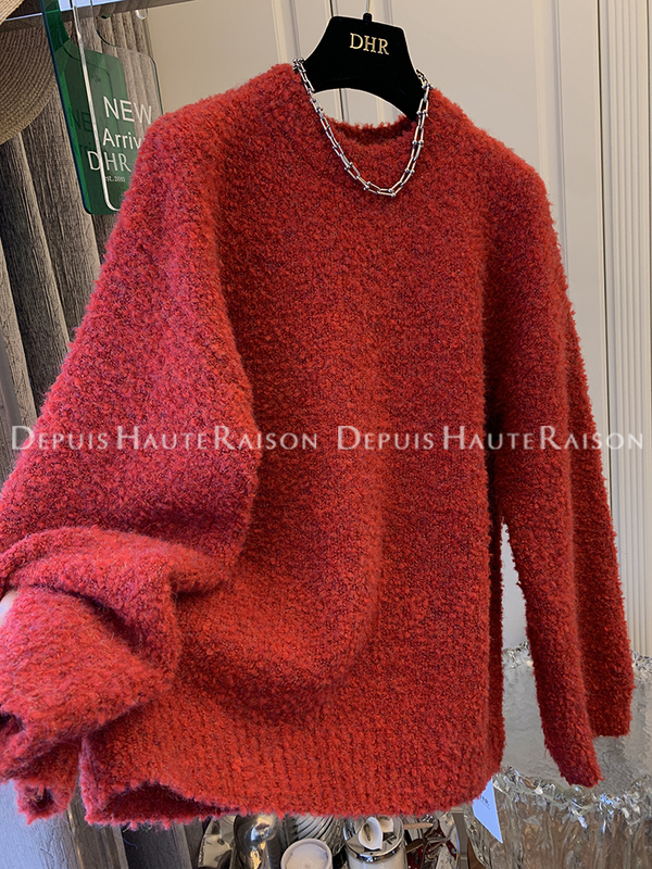 Miu Style Outfit with Looped Velvet Christmas Red Soft and Fluffy Loose Knit Sweater, Lazy Style Round Neck Top for Women Miu Style Outfit with Looped Velvet Christmas Red Soft and Fluffy Loose Knit Sweater, Lazy Style Round Neck Top for Women