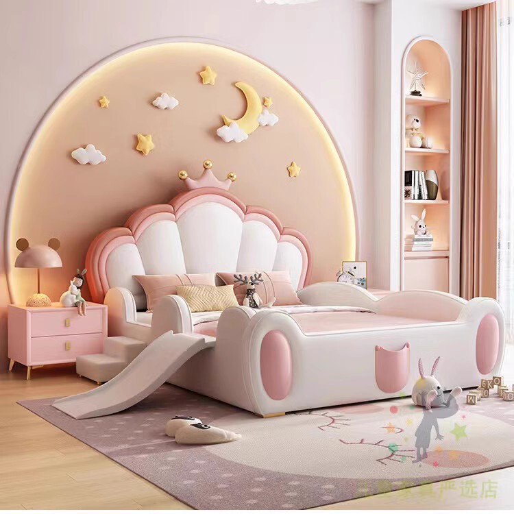 Pink Cartoon Crown Storage Children's Bed with Guardrail and Slide, Princess Bed for Girls, Solid Wood Genuine Leather Petal Shell Bed