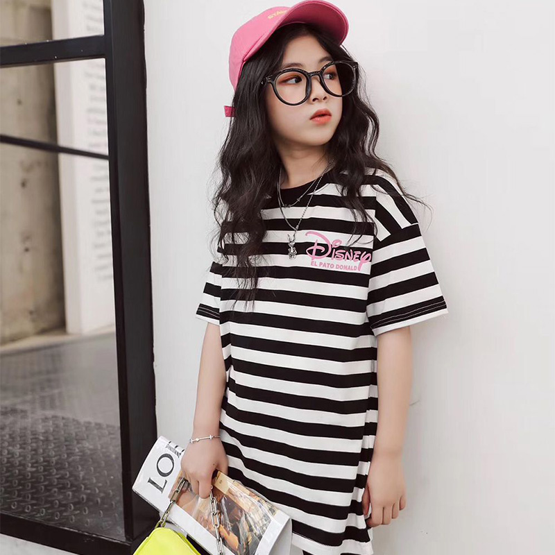Girls short-sleeved T-shirt Summer baby cotton half-sleeve top cartoon crew neck striped t-shirt tide