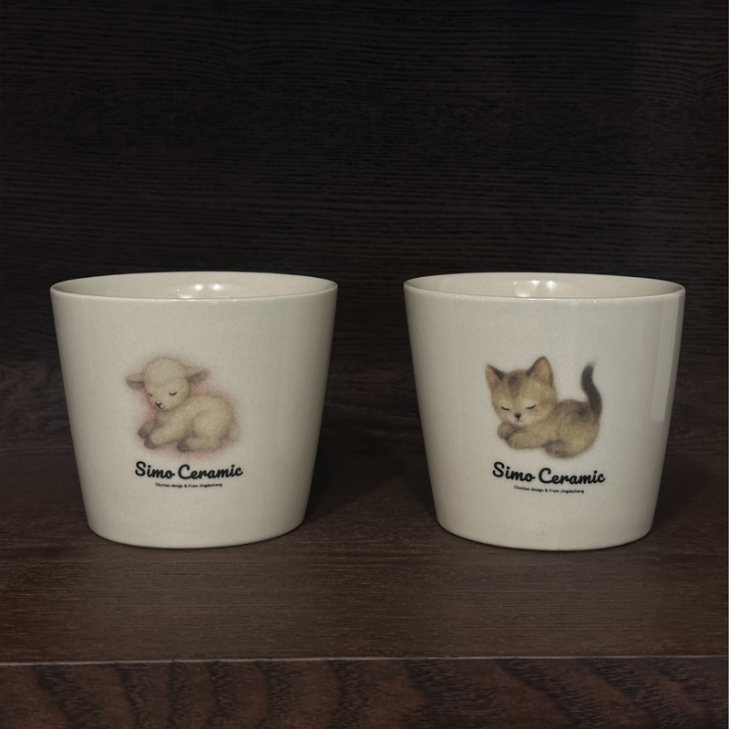 Ceramic Water Cup from Jingdezhen, Cute Retro Style with Cat Illustration, Pig Mouth Cup, Small Sheep, Underglaze Color, Suitable for Gifting