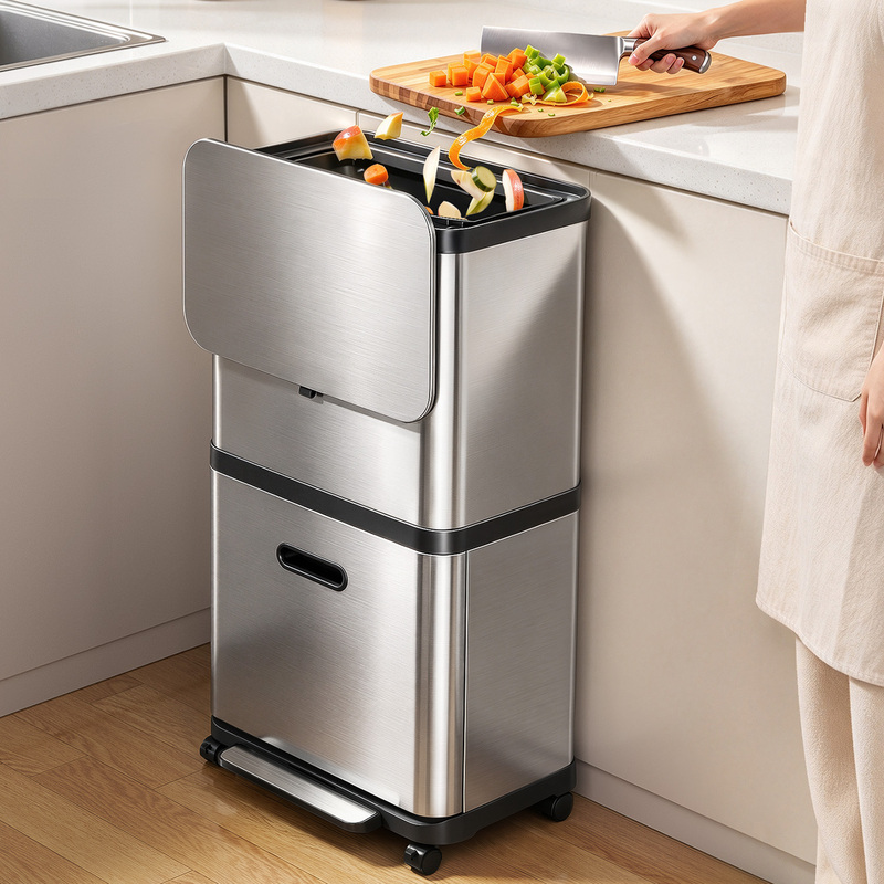 Japanese Kitchen Trash Can, Tall Model, Movable, No Need to Bend Over, for Home Use in Living Room, Light Luxury, High-End Stainless Steel, Double-Layer with Lid