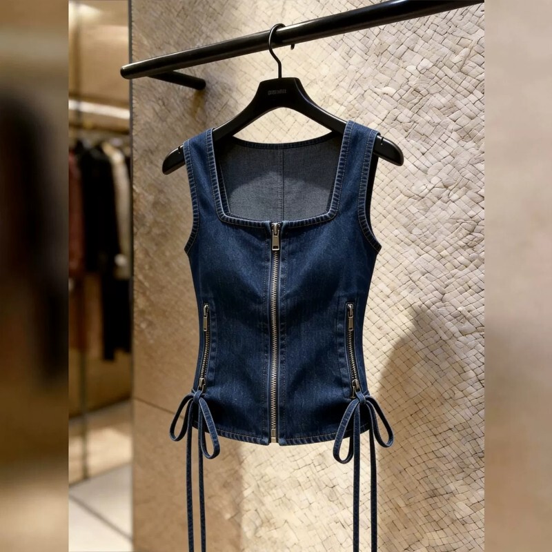 2026 Summer New Denim-Style Zip-Up Vest for Women with a Stylish Design, Tie-Up Waist, and Fashionable Camisole Top for Outerwear 2026 Summer New Denim-Style Zip-Up Vest for Women with a Stylish Design, Tie-Up Waist, and Fashionable Camisole Top for Outerwear