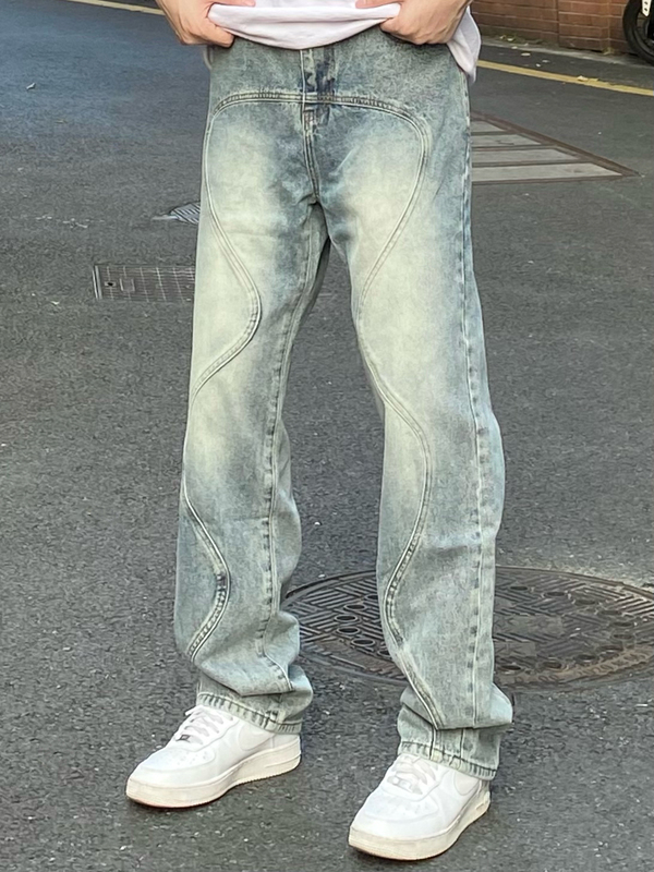 Ahcn American Retro Curved Patchwork Jeans, Heavy Craftsmanship, Niche Design, Loose Straight-Leg Versatile Casual Pants