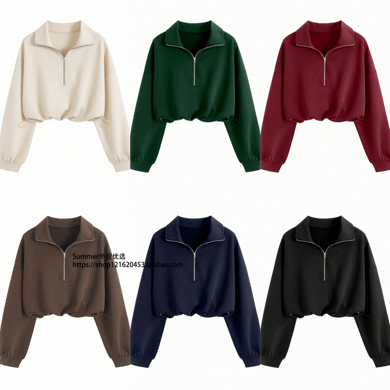 European and American Fashion Casual Sports Half-Zip Lapel Hoodie with Waist Shaping and Long Sleeves