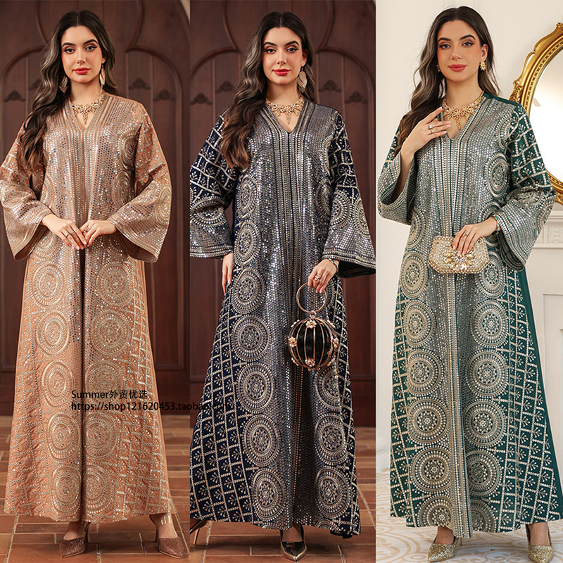 European and American V-Neck Sequin Embroidered Long Dress Sequin Print Plus Size Long Dress Embroidered Dress