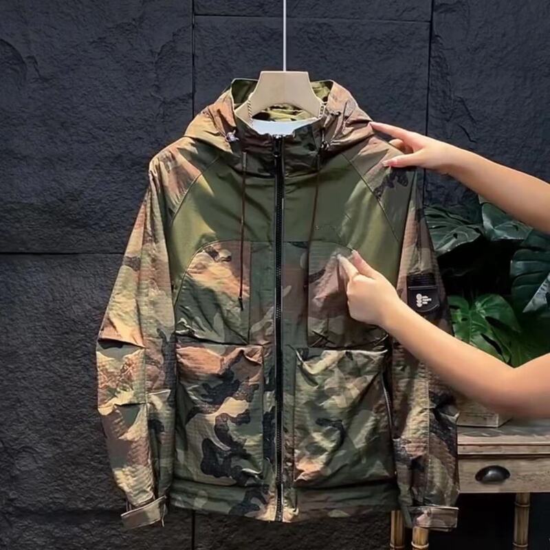 Camouflage Workwear Hooded Jacket for Men, Spring and Autumn Outdoor Casual Large Pocket Windbreaker, Youth Korean Style Loose Coat