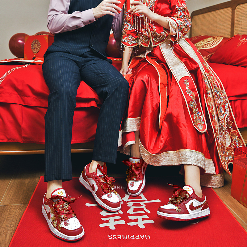 2026 New Model Aj Wedding Shoes Bride's Shoes He Xiu Wedding Dress Dual-Use Chinese Style Wedding Flat Sneakers Red Wedding Shoes