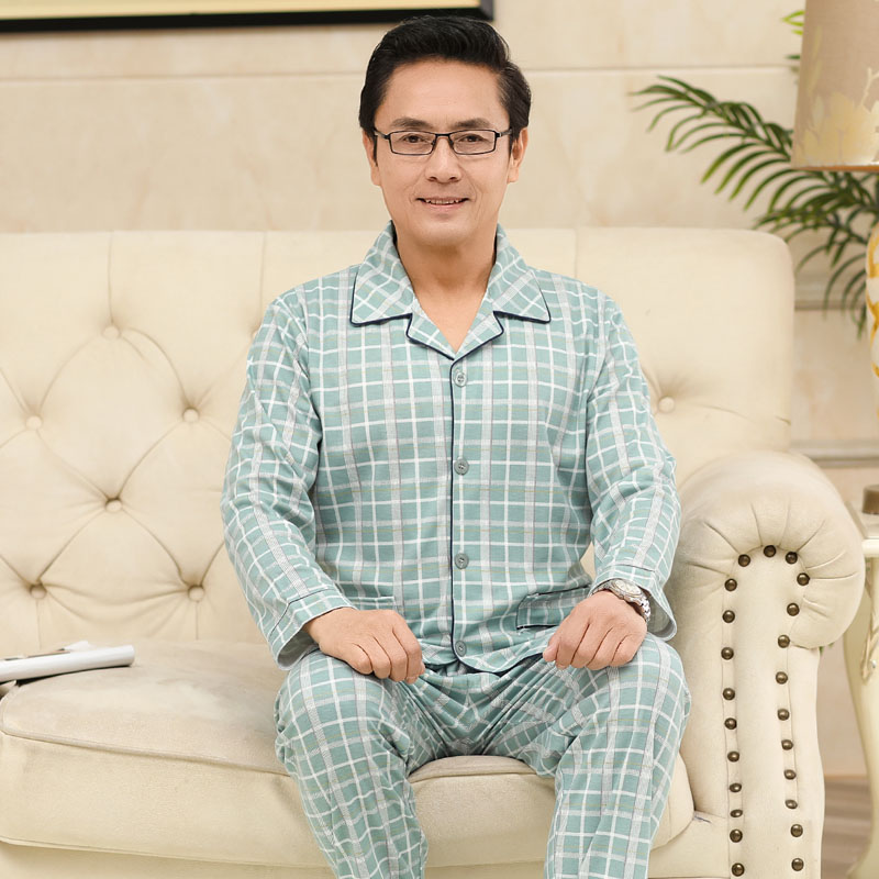 Bộ đồ ngủ mens dài tay áo bông cotton vào mùa xuân và mùa thu trung niên cha nhà quần áo mùa thu và mùa đông hình học mens mẫu quần áo mùa xuân về nhà.