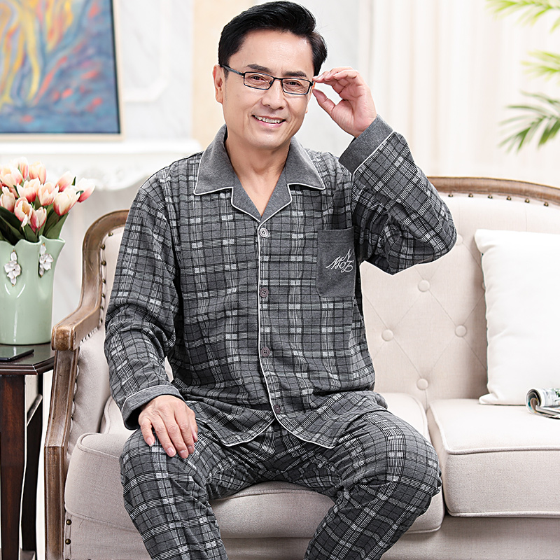 Bộ đồ ngủ mens dài tay áo bông cotton vào mùa xuân và mùa thu trung niên cha nhà quần áo mùa thu và mùa đông hình học mens mẫu quần áo mùa xuân về nhà.