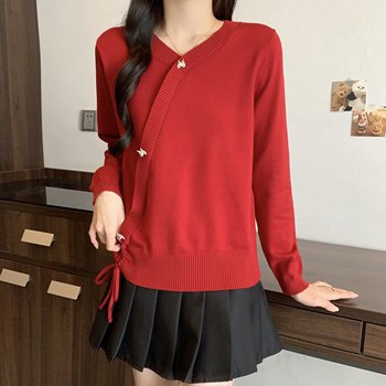 Designed drawstring red v-neck sweater plus size women's fat mm autumn bottoming shirt irregular top
