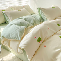 Xiaohongshu recommends cute alpaca four-piece set washed cotton embroidered quilt cover fitted sheet student dormitory bed sheet three-piece set
