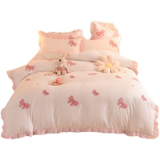 Small Fresh Pure Cotton Washed Cotton Four-piece Set Summer Spring and Autumn Cotton Girl Heart Princess Wind Quilt Cover Bedding