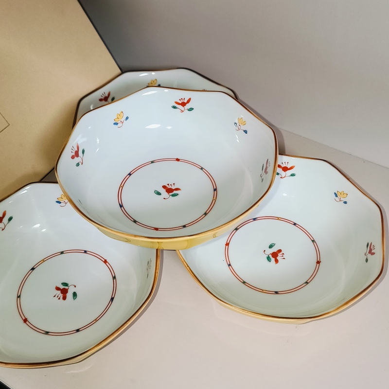 Imported from Japan: Jujitsu Yellow Glaze with Red Painting Octagonal Bowl and Plate Imported from Japan: Jujitsu Yellow Glaze with Red Painting Octagonal Bowl and Plate