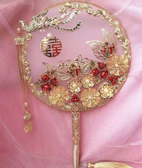 Bridal Fan DIY Material Pack Chinese Dragon and Phoenix Gown Xiuhe Wedding Original Golden Malay Gown Pink Blue Red Pomegranate