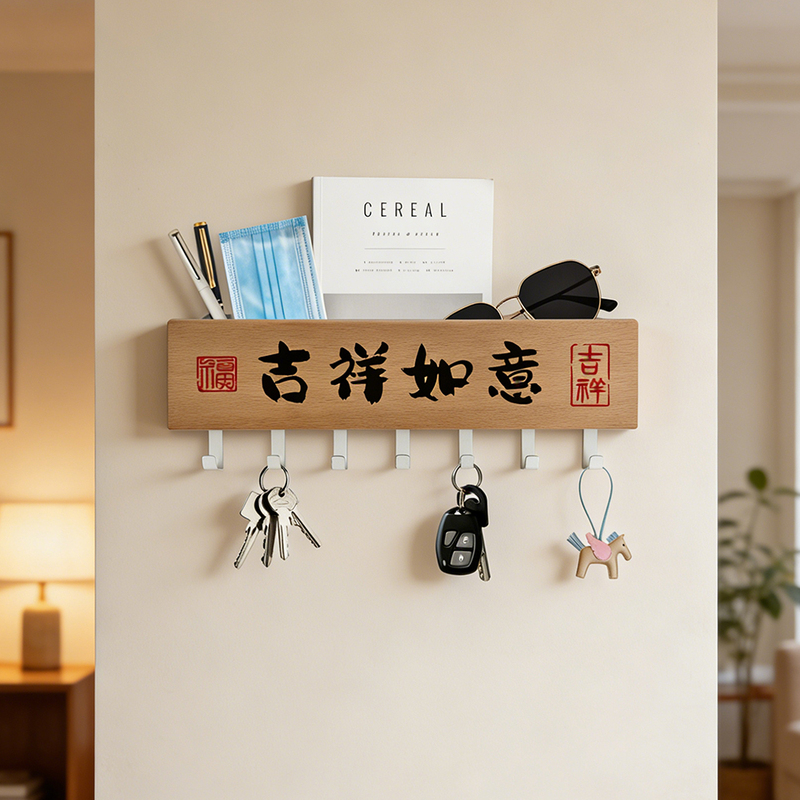 Chinese-Style Iron and Wood Combination Adhesive Iron Hooks with a Load-Bearing Capacity of 1-3kg for Living Room and Bedroom Decorative Paintings, No Drilling Required for Installation