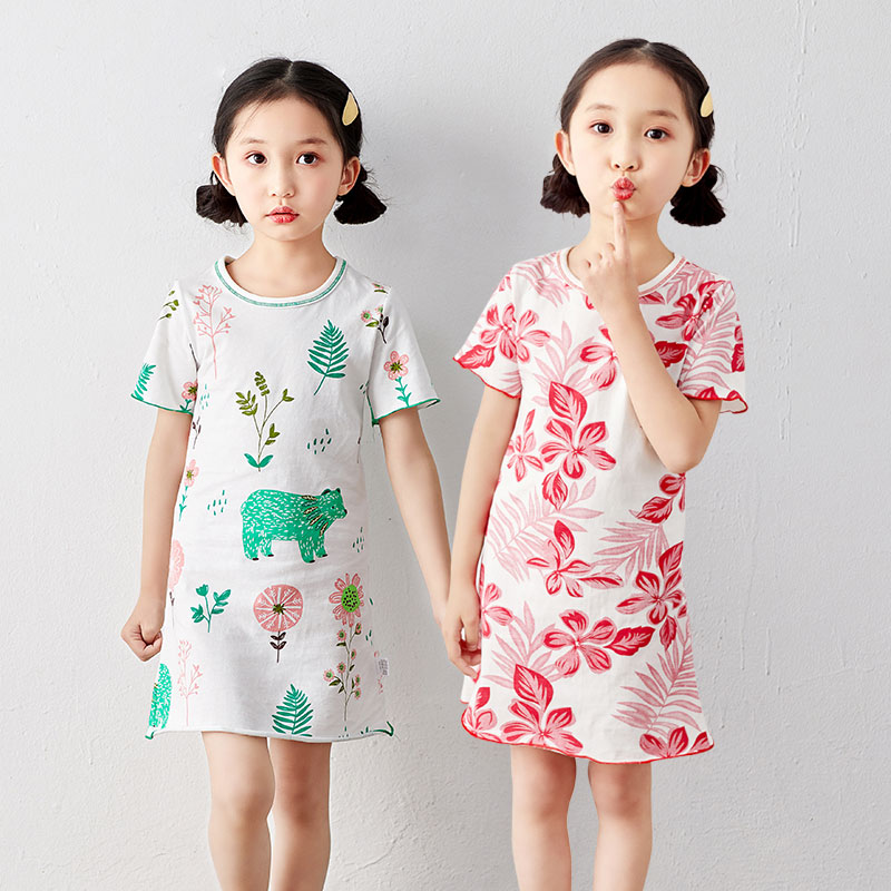 Children's nightwear short-sleeved princess skirt Summer girls pure cotton baby thin little girl pajamas Large children's home skirt