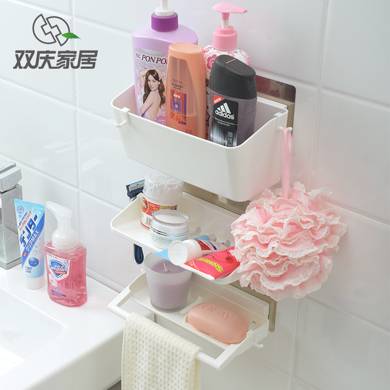 Shuangqing powder room three-layer shelf wall hanging nail-free punch-free strong adhesive washstand cosmetic storage shelf