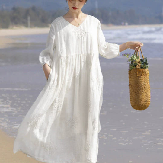 White Ramie Dress for Women 2026 Summer Loose Heavy Embroidery Three-Quarter Sleeve V-Neck Seaside Beach Dress Long Dress White Ramie Dress for Women 2026 Summer Loose Heavy Embroidery Three-Quarter Sleeve V-Neck Seaside Beach Dress Long Dress