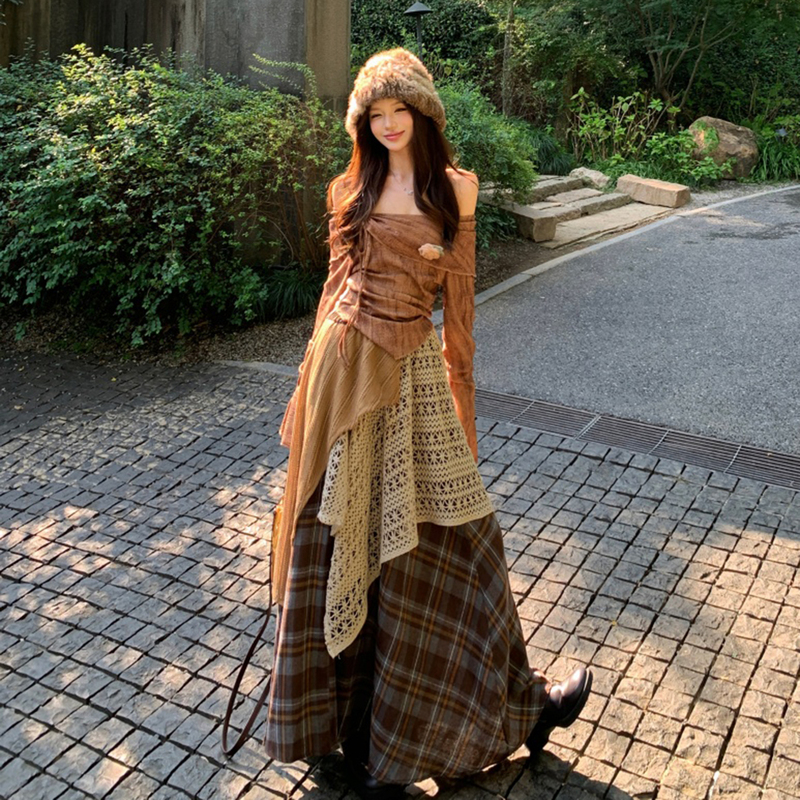 Wasteland Style Melard Bohemian Layered Plaid Skirt Set Sichuan-Western Desert Exotic Yunnan Bright Vacation