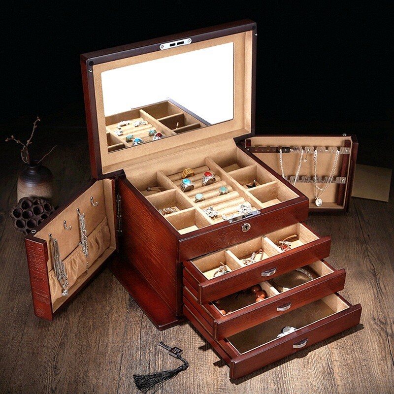 Waterqu Willow Wood First Accessories Box Jewelry Box Multilayer Drawer Large Capacity Jewelry Box Ornament Box Containing Box Can Full Lock