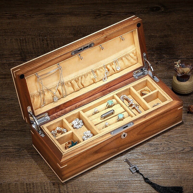 Black walnut solid wood double-layer jewelry box Solid wood jewelry box Storage box Collection box with lock can be placed in the safe
