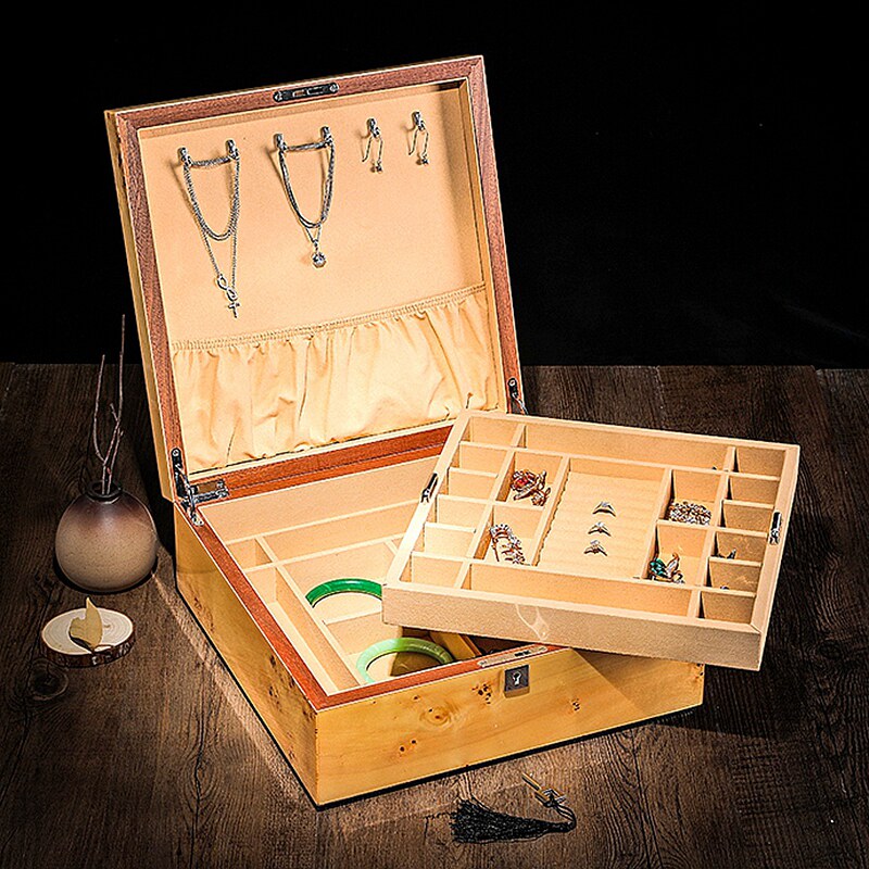 Piano paint jewelry box solid wood high hardness baking paint double-layer solid wood with lock storage box wedding jewelry collection box