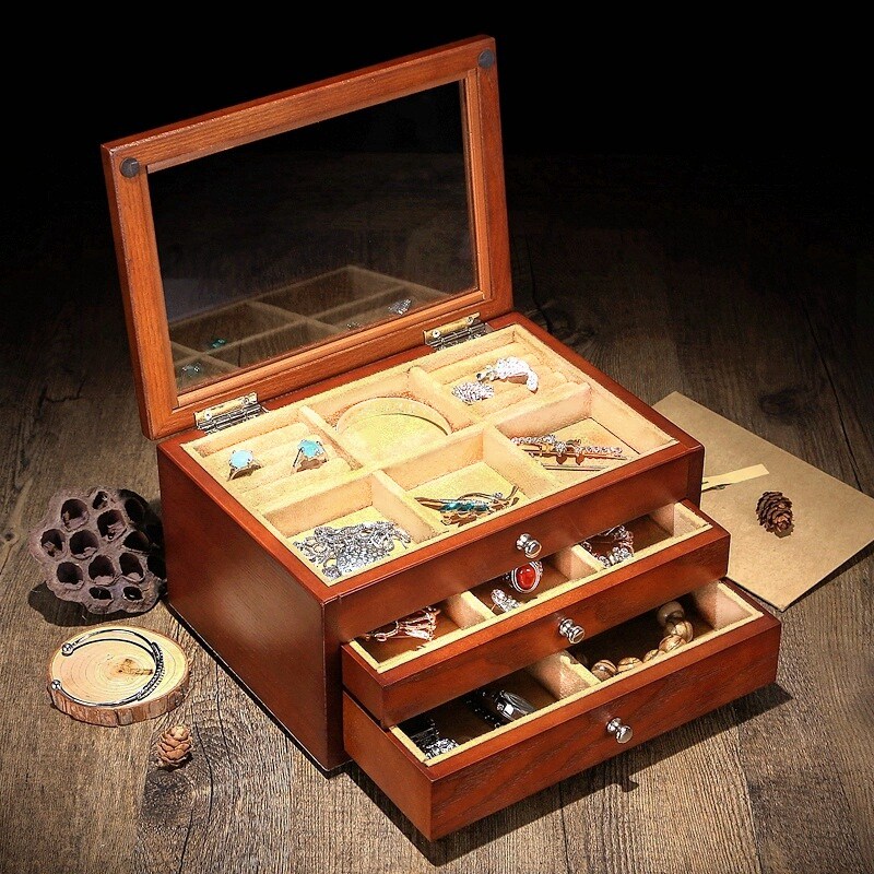 Wooden Chinese multi-layer jewelry box storage box Ear needle ring ring brooch bracelet collection box Jewelry box Jewelry box