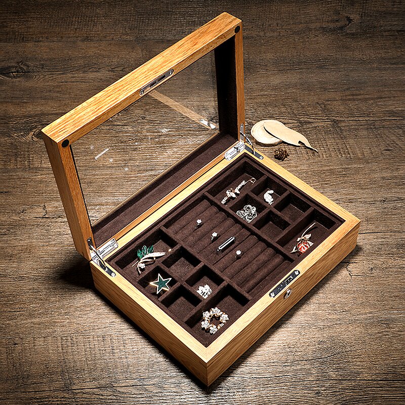 North American Oak solid wood double jewelry box Jewelry storage box Multi-layer lock jewelry box Collection box