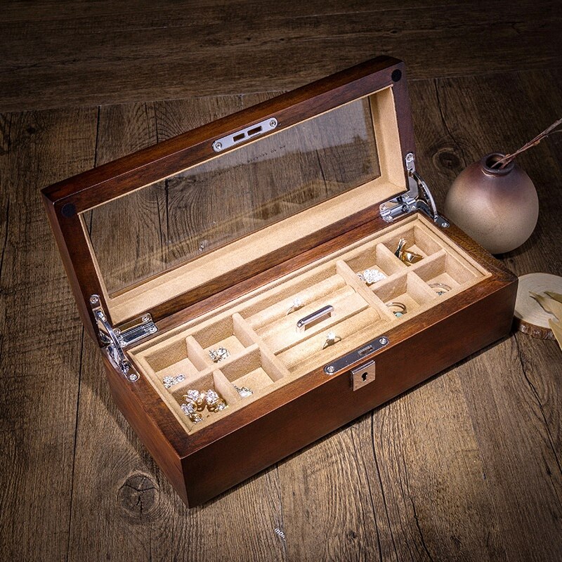 Elm pure solid wood double layer first decorated box with lock skylight solid wood display case containing box collection box can put safe