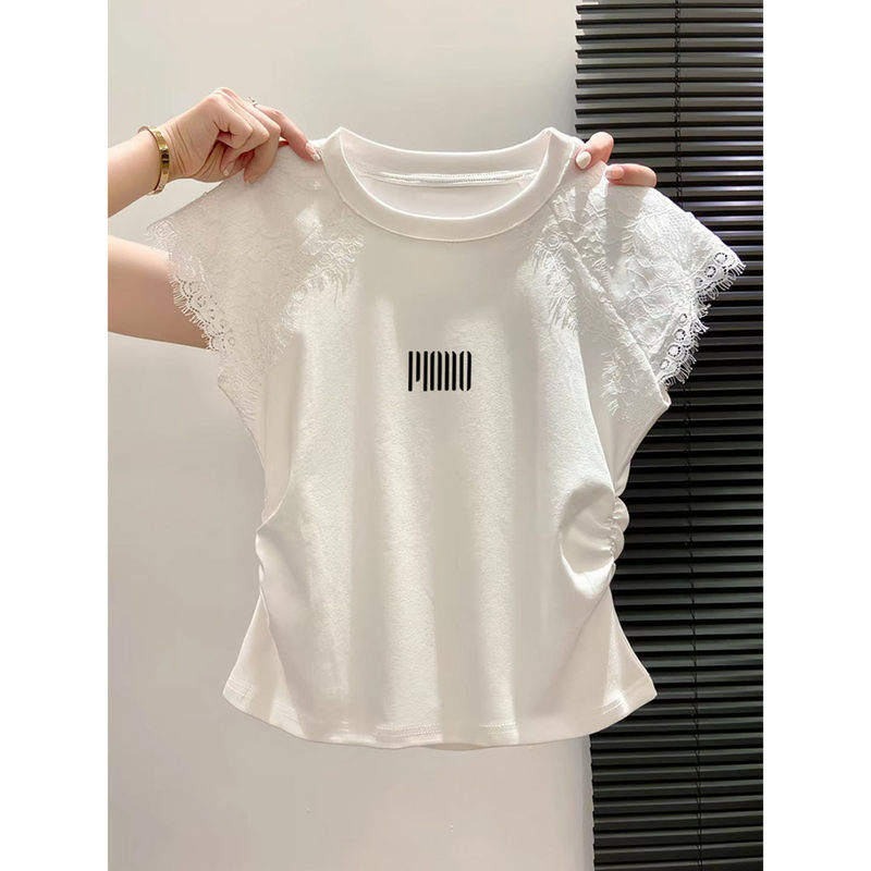 Korean 2026 Lace Spliced White Short-Sleeved T-Shirt for Women, Summer Round Neck, Waist-Cinching, Slimming, Petite, Pure Cotton Top