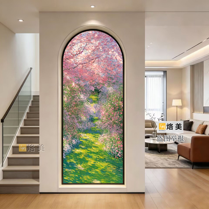 French-Style Cream-Colored Entrance Hall and Living Room with Hand-Painted Enamel Color Translucent Double-Sided Art Glass Partition with a High-End Feel French-Style Cream-Colored Entrance Hall and Living Room with Hand-Painted Enamel Color Translucent Double-Sided Art Glass Partition with a High-End Feel