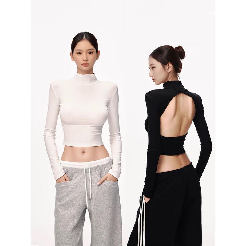 American-Style Spicy Girl Backless High-Neck Long-Sleeve Autumn T-Shirt with a Feminine Design, Slim Fit, and Backless Short Top