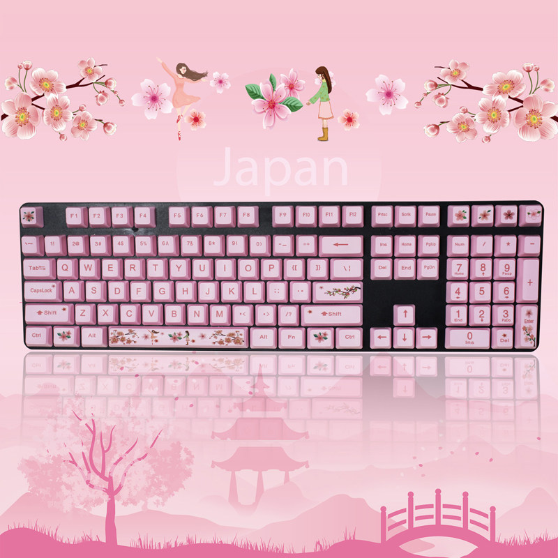 Thermal sublimation key cap pbt cherry blossoms sea rhyme blue 87 104 108 mechanical keyboard blue white cherry pollen pink